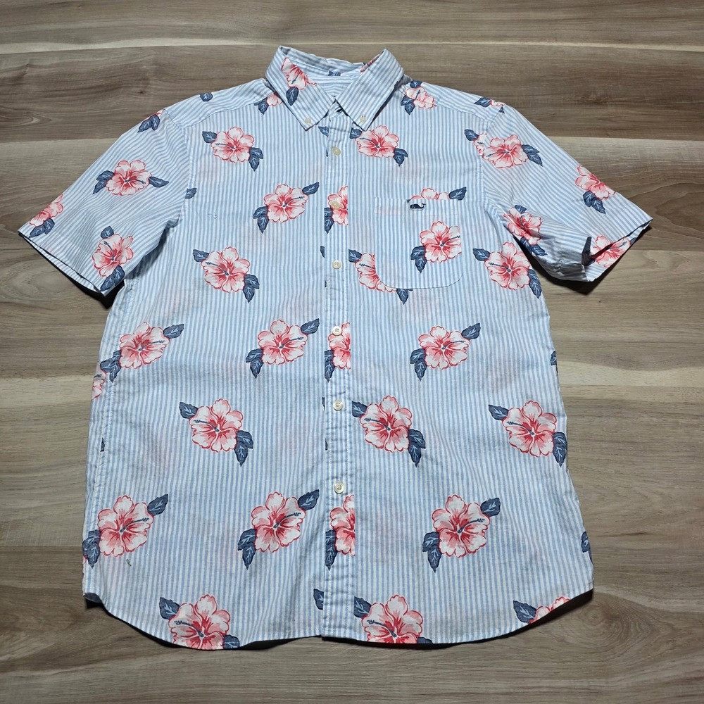 Vineyard Vines Button up Shirt Mens Medium Blue Pink Floral Stripe Short‎ Sleeve